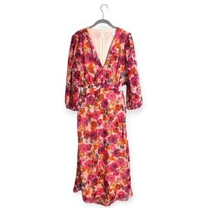 Julia Jordan Pink Floral V-Neck 3/4 Sleeve Cut-Out Midi Dress 12 Coquette Resort